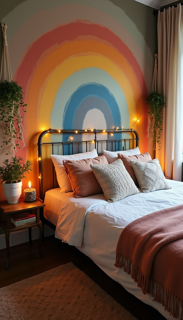 Cozy 12x12ft room with muted earth-tone rainbow mural, vintage metal bed frame with twinkle lights, textured embroidered pillows, and macramé plant hangers with trailing vines illuminated by dramatic side lighting.