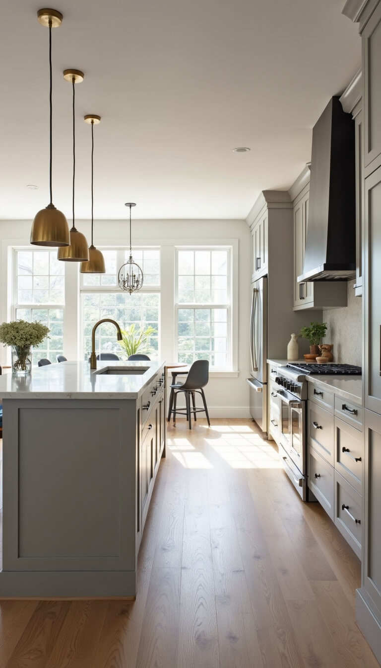 Modern open-concept kitchen with light gray shaker cabinets, white quartz waterfall island, brass pendant lighting, and wide-plank white oak floors in bright morning light.