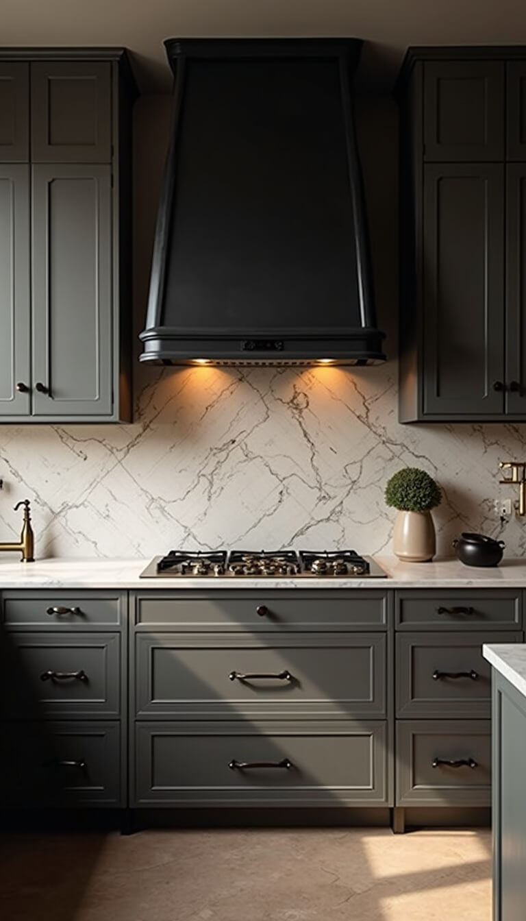 Luxurious 20x25ft kitchen with charcoal gray cabinets, veined marble backsplash, blackened steel range hood, and mixed metal fixtures in dramatic golden hour lighting.