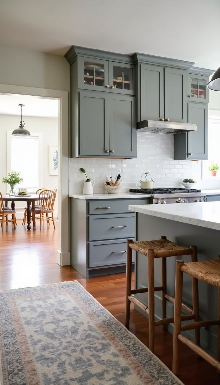 Low-angle view of a transitional gray kitchen with medium gray raised-panel cabinets, glass uppers, Carrara marble counters, white subway tile backsplash, rattan stools, vintage runner, and soft mid-morning light.