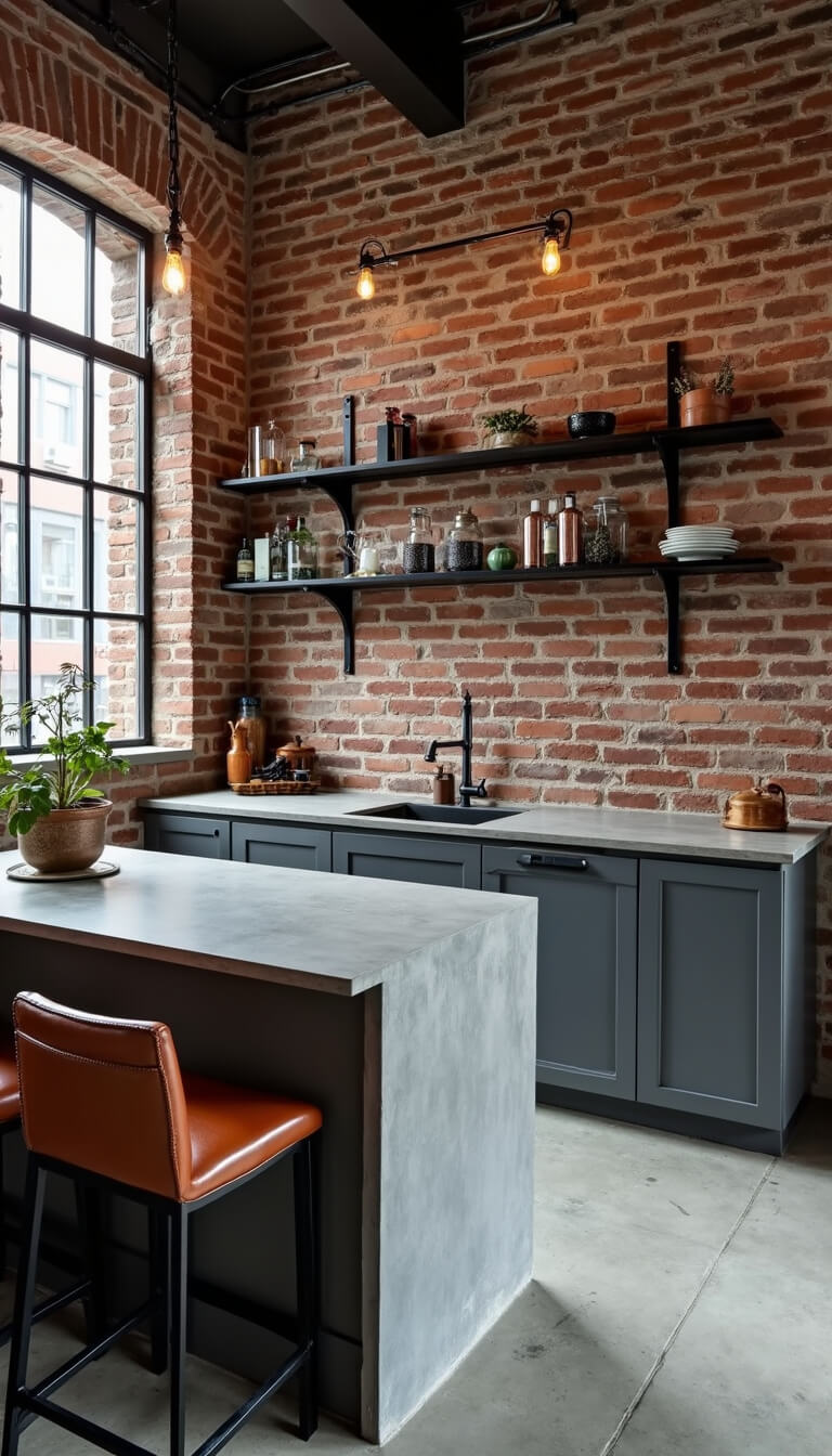 Industrial chic loft kitchen with exposed brick, slate gray cabinets, concrete counters, black steel shelving, and vintage leather barstools, viewed from above at 45-degree angle with mixed natural and Edison lighting.