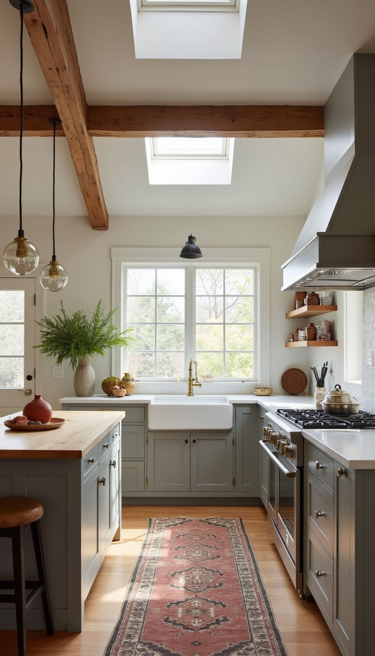 Modern farmhouse kitchen with warm gray Shaker cabinets, butcher block island, rustic beams, skylights, and vintage decor in a cozy, open 16x20ft space.
