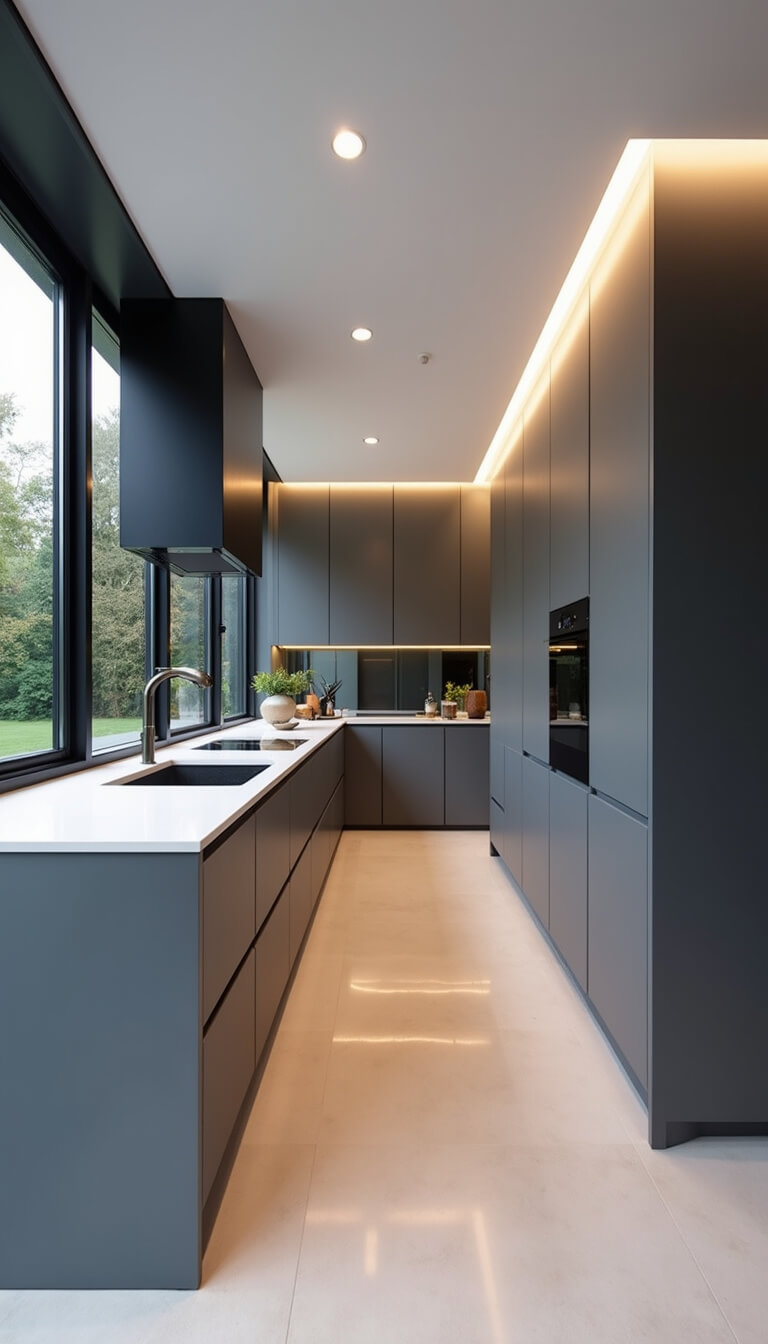 Minimalist gray kitchen with graphite handleless cabinets, white counters, floor-to-ceiling windows, and hidden appliances.