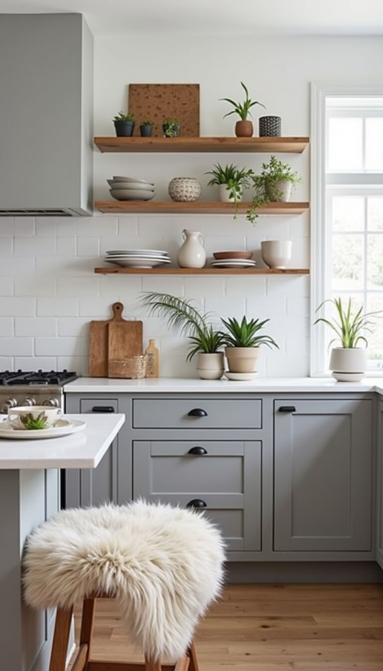 Scandinavian gray kitchen with light gray cabinets, wooden open shelving, black hardware, sheepskin stools, potted plants, and ceramic decor in a bright 12x15ft space.