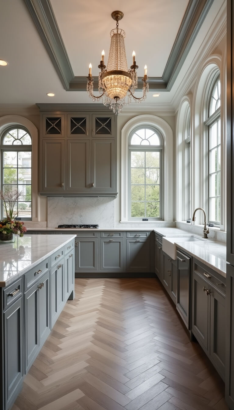Elegant traditional kitchen with storm gray cabinets, marble countertops, crystal chandelier, and arched windows in soft diffused lighting.