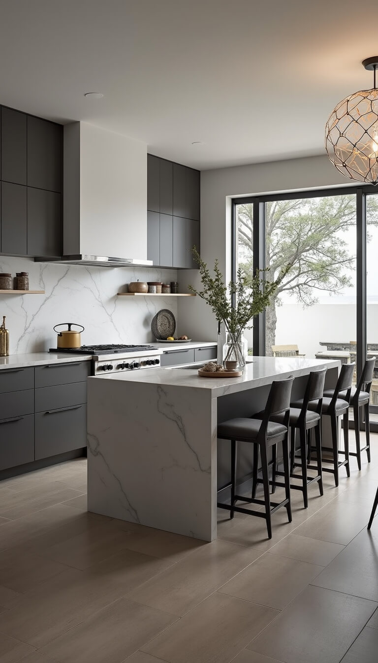 Contemporary gray kitchen with two-tone cabinets, waterfall quartz island, and geometric pendant, viewed from dining area with dramatic side lighting.