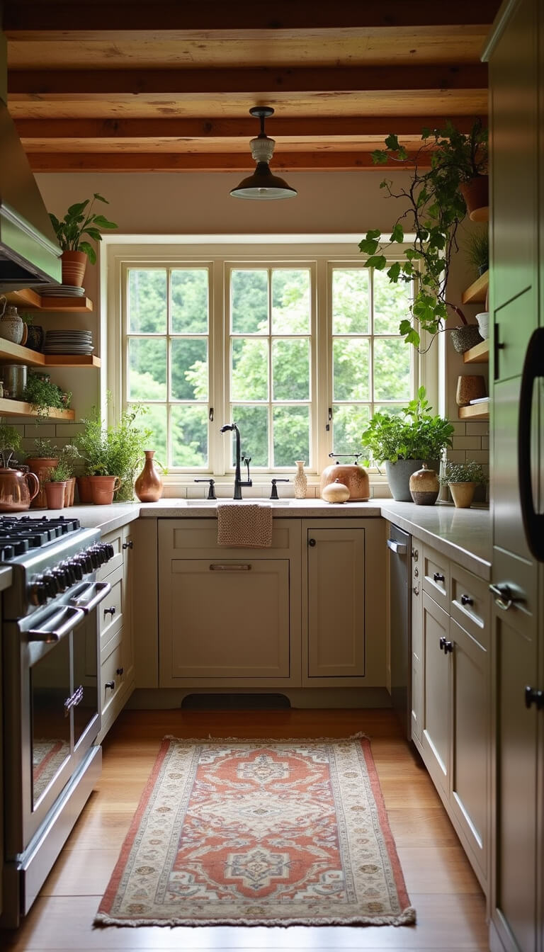 Cozy English country kitchen with warm greige cabinets, soapstone counters, copper pots, climbing plants, vintage rug, and pottery collection, bathed in natural warm lighting.