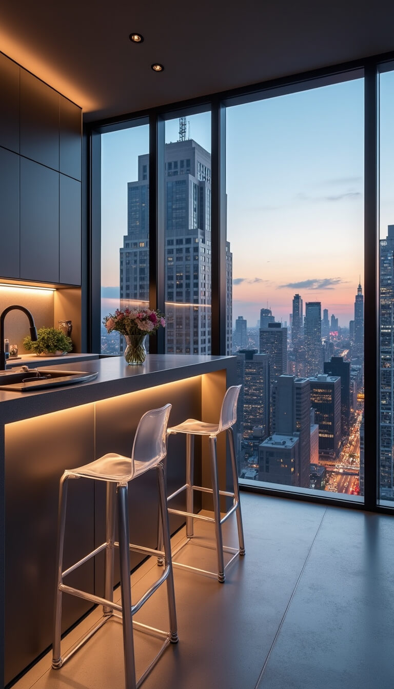 Modern 18x20ft high-rise kitchen with gray lacquer cabinets, stainless steel appliances, glass backsplash, LED underlighting, ghost stools, abstract art, and evening cityscape view.