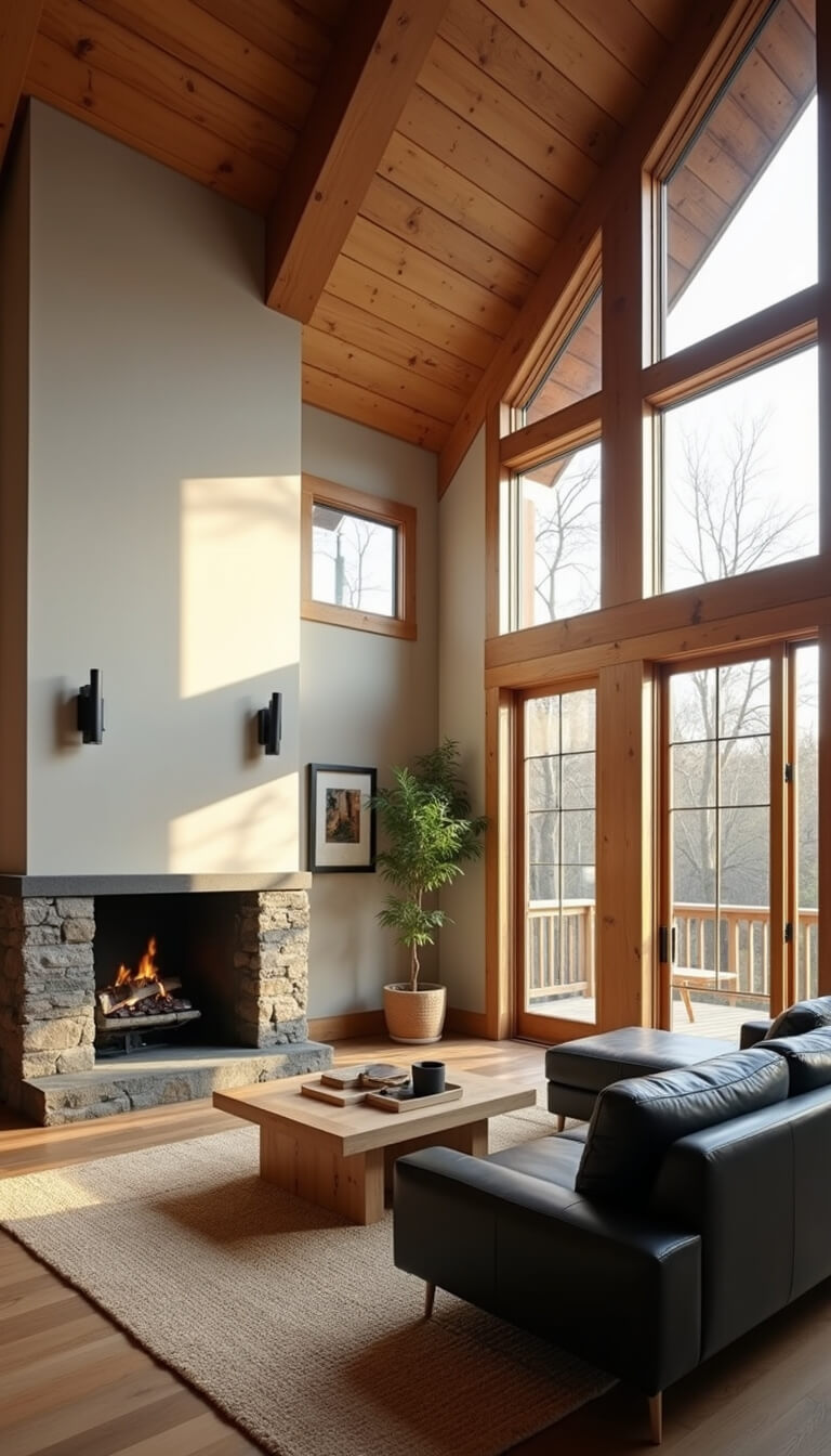 Modern sunlit cabin living room with vaulted ceiling, charcoal sectional on cream rug, stone fireplace, and floor-to-ceiling west-facing windows at golden hour.