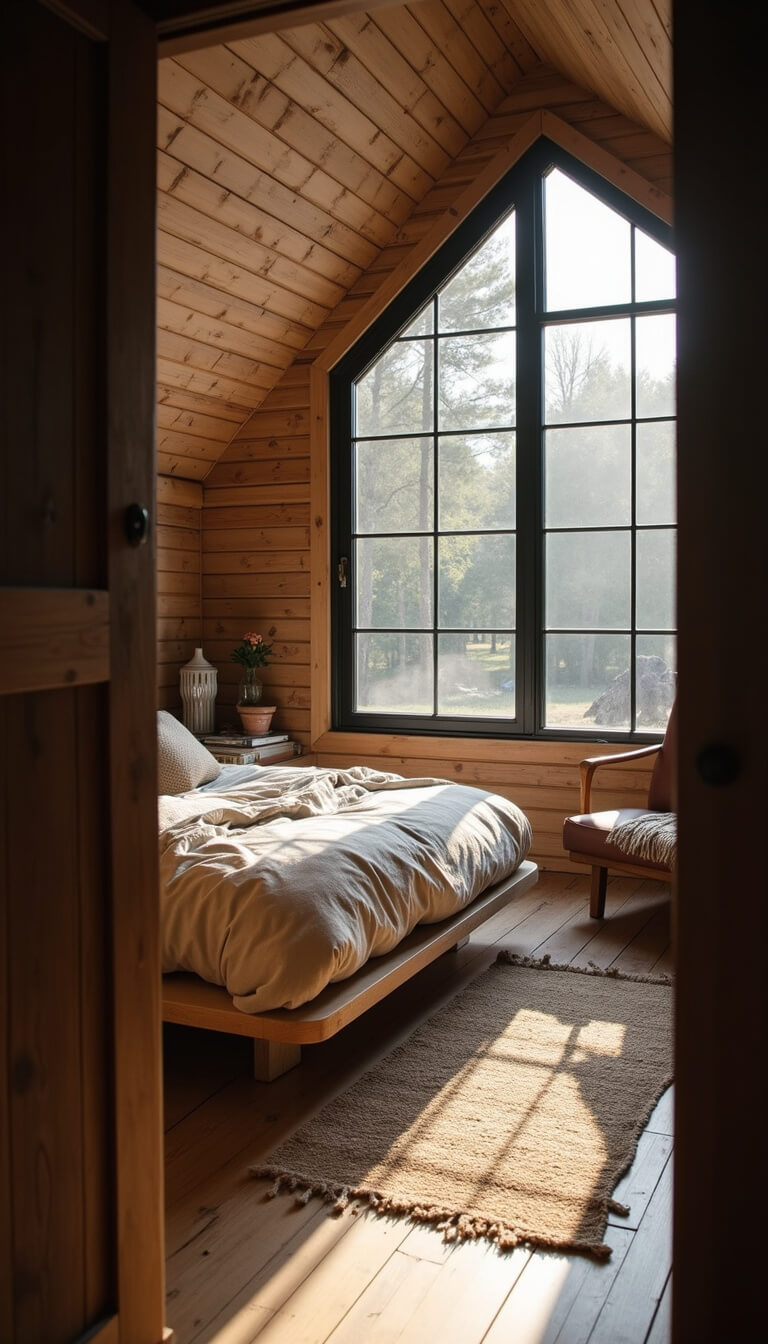 Cozy 12x14ft cabin bedroom at dawn with angled wood ceiling, large picture window, king bed with rumpled linen bedding, vintage leather chair, and textured monochromatic decor.