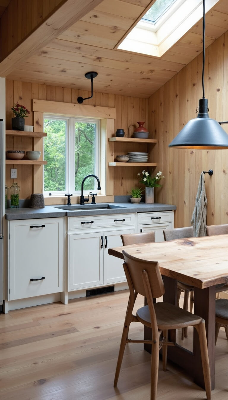 Open-concept cabin kitchen with white oak cabinets, concrete countertops, and industrial lighting, featuring natural light from skylights and earthy, modern decor.