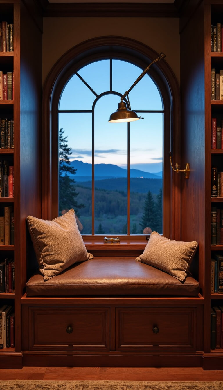 Cozy 8x10ft reading nook with built-in window seat, leather cushions, dark walnut bookshelves, and brass reading lamp, overlooking mountains at dusk.
