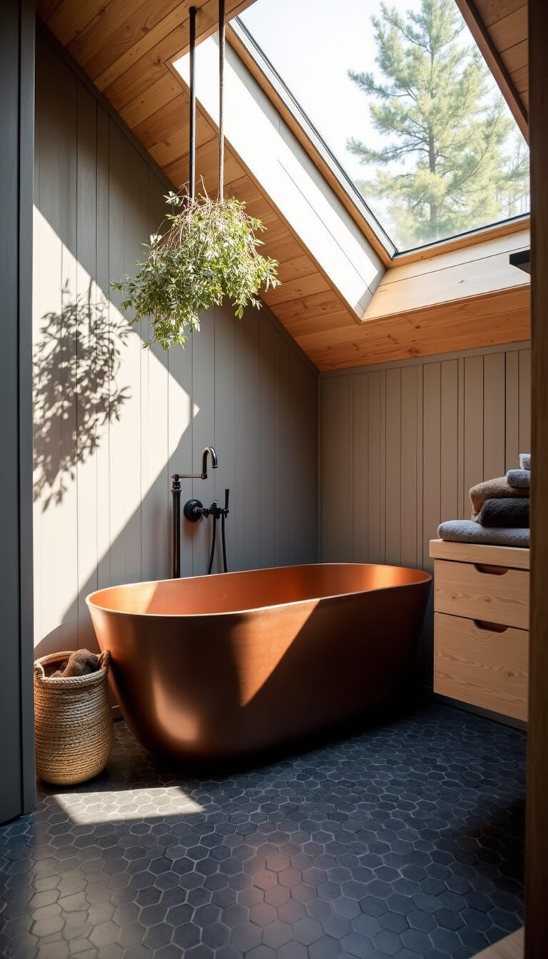 Modern cabin bathroom with copper tub under skylight, black hex tile floor, bleached oak vanity, and natural light.