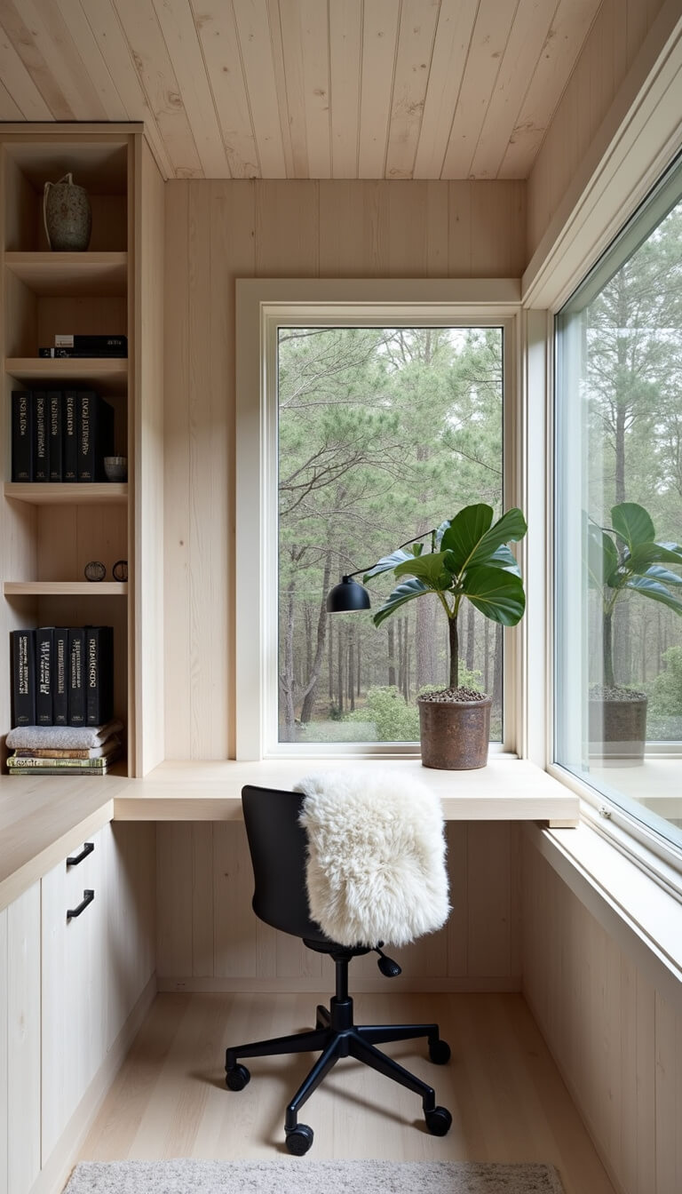 Minimalist 14x16ft cabin office with floating desk, whitewashed pine shelving, sheepskin-covered task chair, and floor-to-ceiling windows overlooking forest.
