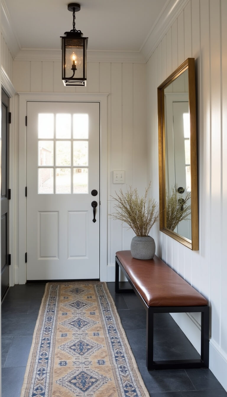 Transitional 12x15ft cabin entryway at twilight with soft white board and batten walls, vintage runner on slate floor, black steel and leather bench, oversized brass-framed mirror, and warm pendant light.