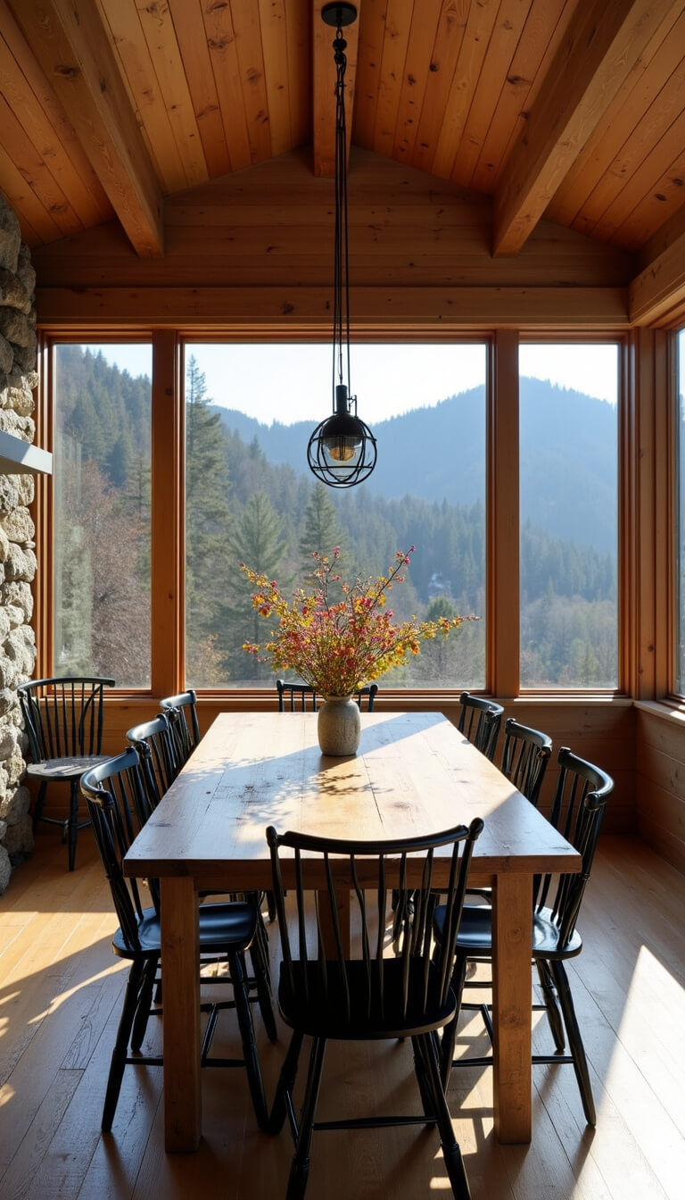 Contemporary cabin dining space with large reclaimed wood table, black Windsor chairs, modern chandelier, and mountain view through floor-to-ceiling windows in morning light.