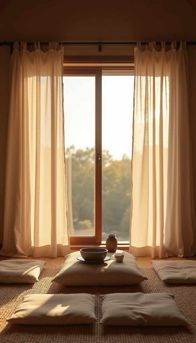 Minimalist 10x12ft meditation cabin at dawn with linen floor cushions, low wooden altar, handmade ceramics, sheer curtains, and bamboo mat in soft natural light.