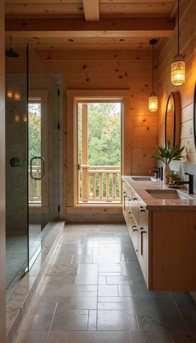 Spa-like primary bath with floating bleached oak double vanity, marble countertops, pendant lights, oversized glass shower with river rock floor, viewed at golden hour through doorway.