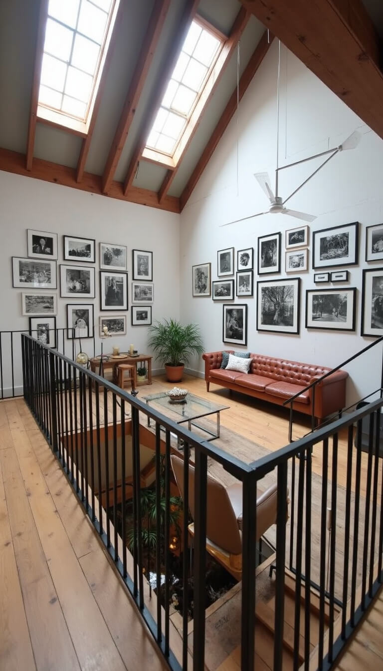 Eclectic 20x24ft cabin loft with exposed trusses, industrial metal railing, vintage leather lounger under skylights, and black and white photography on whitewashed walls, viewed from staircase.