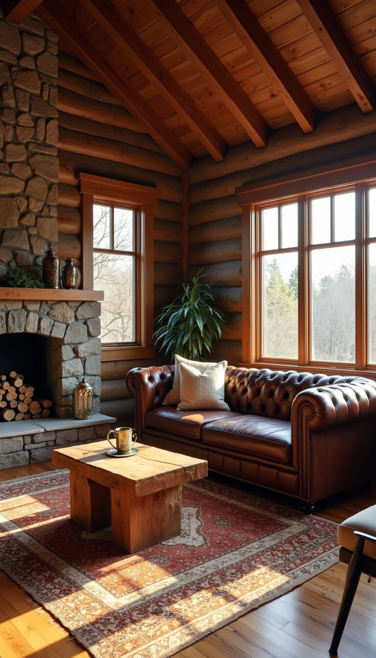 Cozy log cabin living room with Chesterfield sofa, tribal rugs, stone fireplace, and golden hour light through west-facing windows.