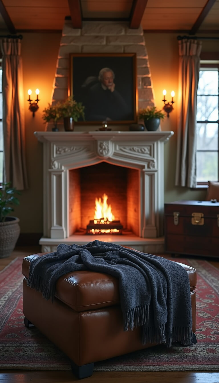 Cozy fireside scene at blue hour with crackling stone hearth, leather ottoman, vintage trunk side table, and moody lighting.