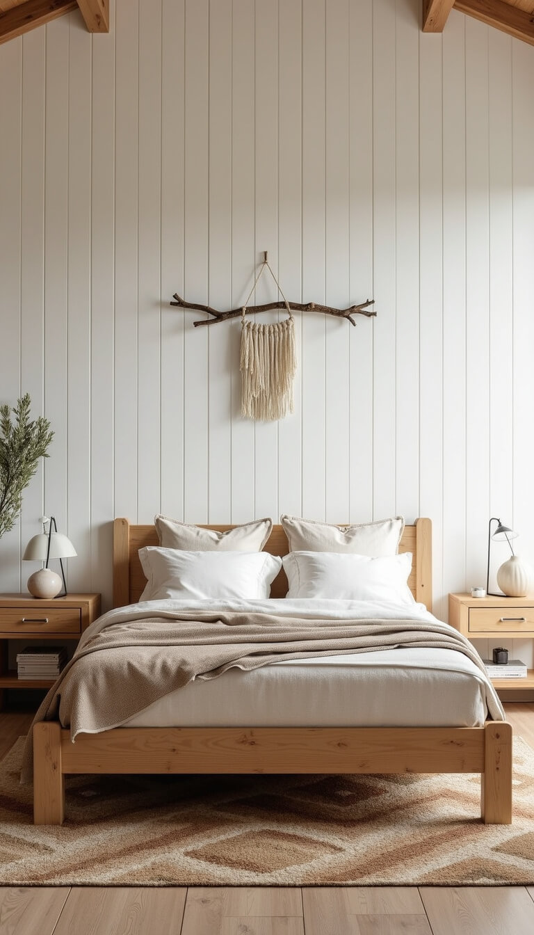 Minimalist cabin bedroom with wooden bed, linen bedding, wool rug, floating nightstands, and branch wall hanging in soft dawn light.