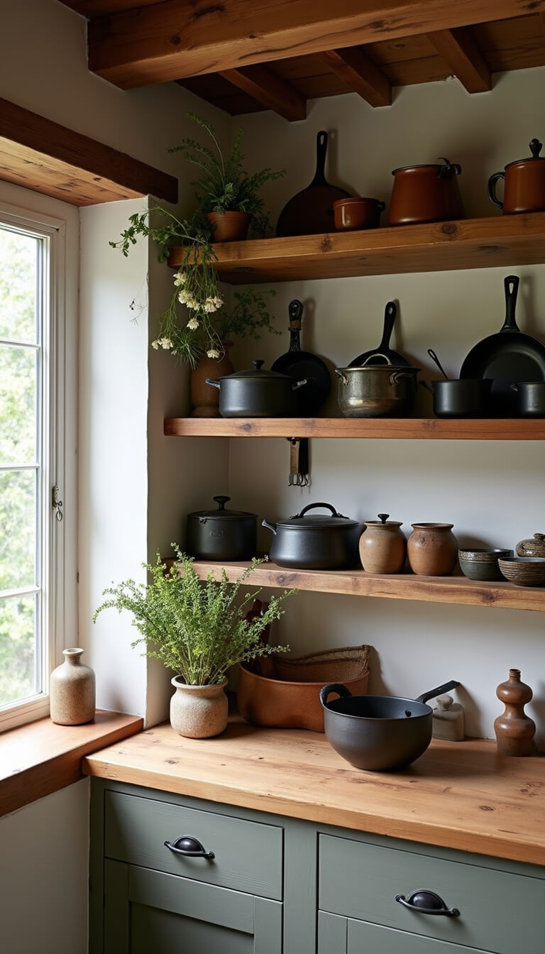 Bird's eye view of a rustic 10x12ft kitchen corner with reclaimed wood shelves, cast iron and copper cookware, butcher block counters, handmade pottery, and dried herbs hanging from a ceiling beam.