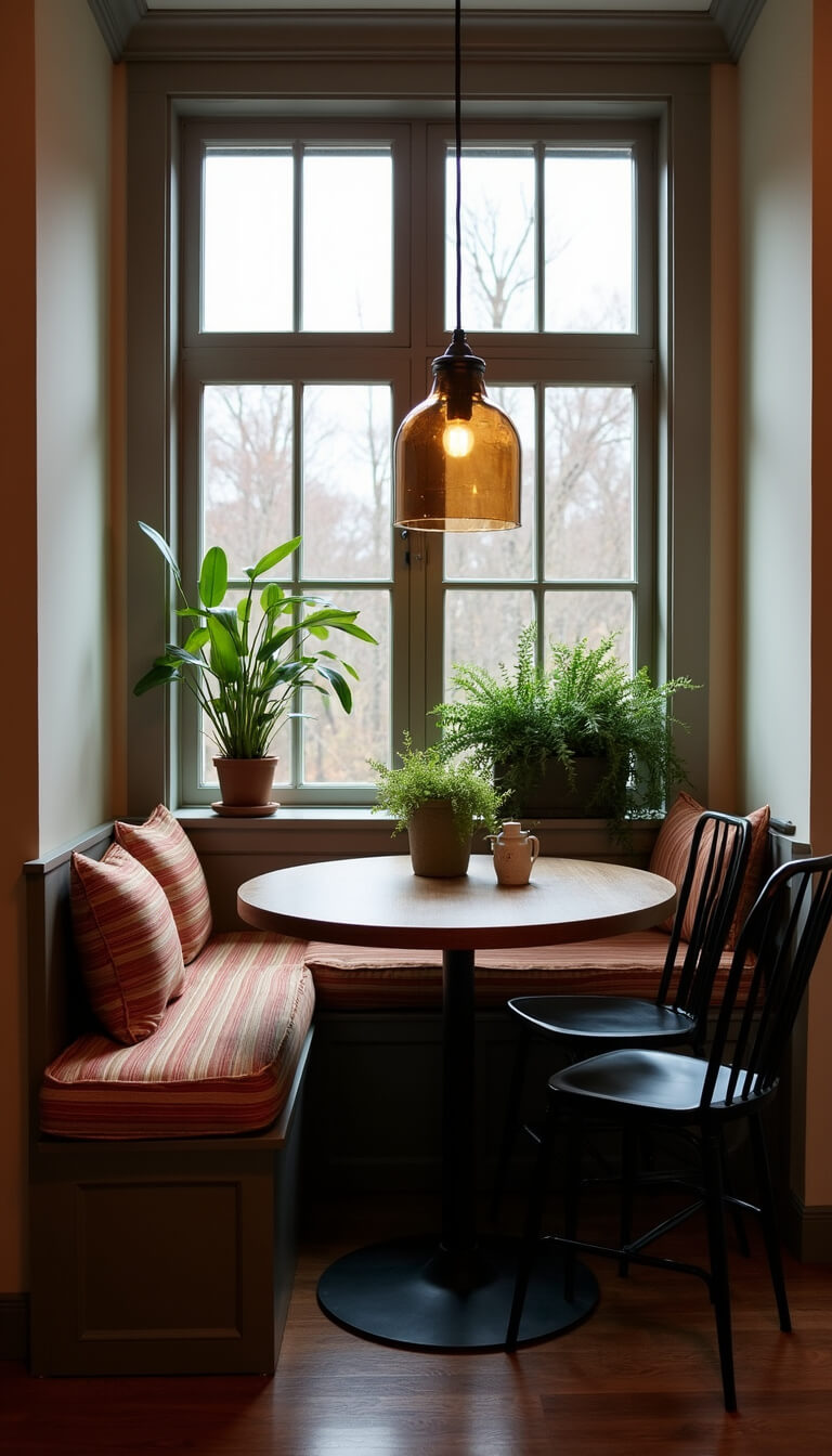 Cozy window-side dining nook with built-in bench, striped rust and cream cushions, round oak table, black metal chairs, and potted ferns on windowsill at dusk.