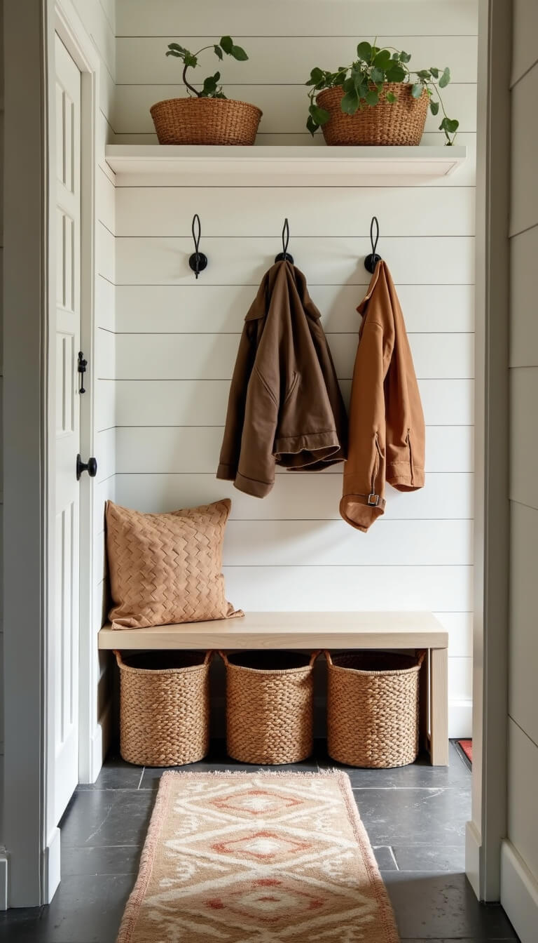 Low-angle view of a cozy 6x8ft mudroom with warm white shiplap walls, vintage coat hooks holding worn leather jackets, a bench with woven baskets below, and a slate floor with a geometric wool runner, lit by morning light.