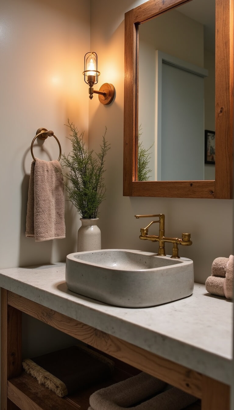 Overhead view of bathroom vanity with concrete sink, brass fixtures, reclaimed wood mirror, copper sconces, earth-toned towels, and eucalyptus in ceramic vase under warm lighting.