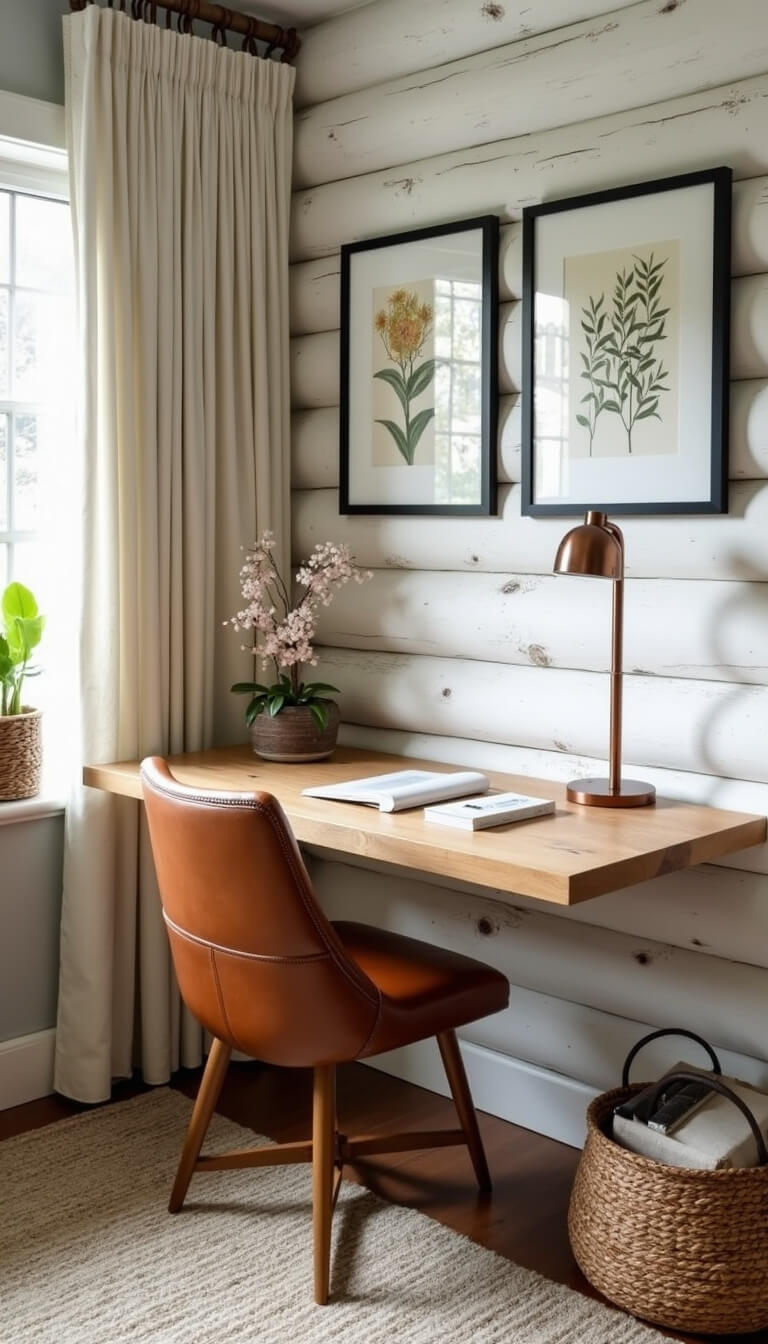 Home office nook with floating wood desk, leather chair, copper lamp, and botanical prints in black frames against white-washed log walls.