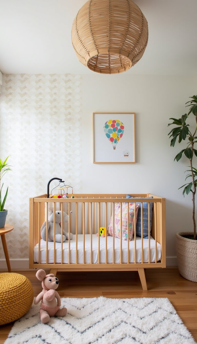 Pixar-inspired nursery with geometric accent wall, natural wood crib, and colorful toys in modern 11x13ft space.