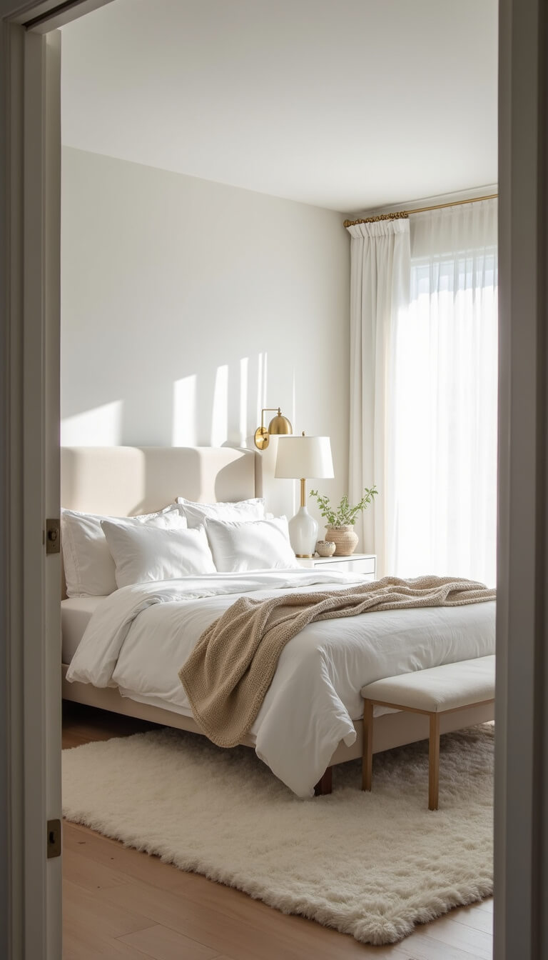 Serene 14x16ft bedroom with king bed in white linens, morning light through sheer curtains, brass sconces, ivory rug, and white nightstands with ceramic lamps.