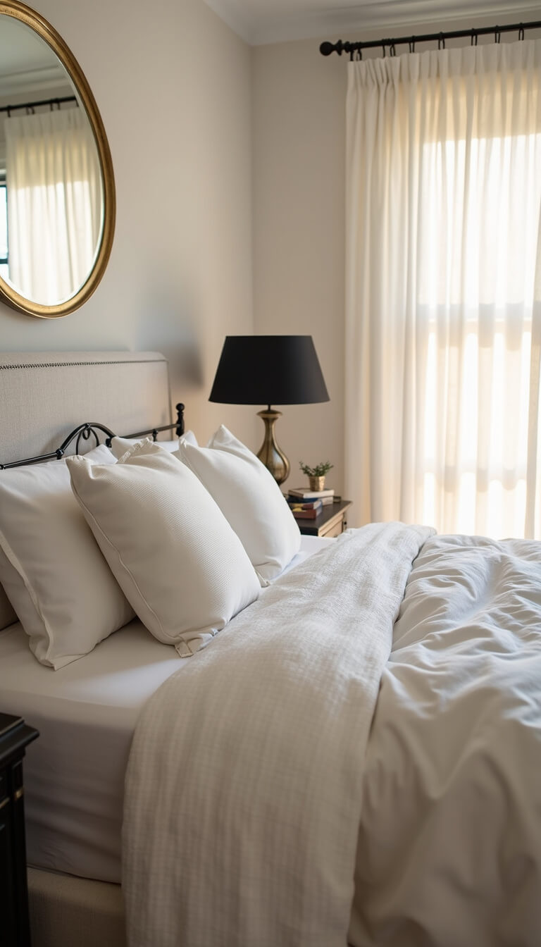 Low-angle view of a sunlit white bedroom with layered bedding, matte black accents, and a vintage brass mirror reflecting golden hour light.