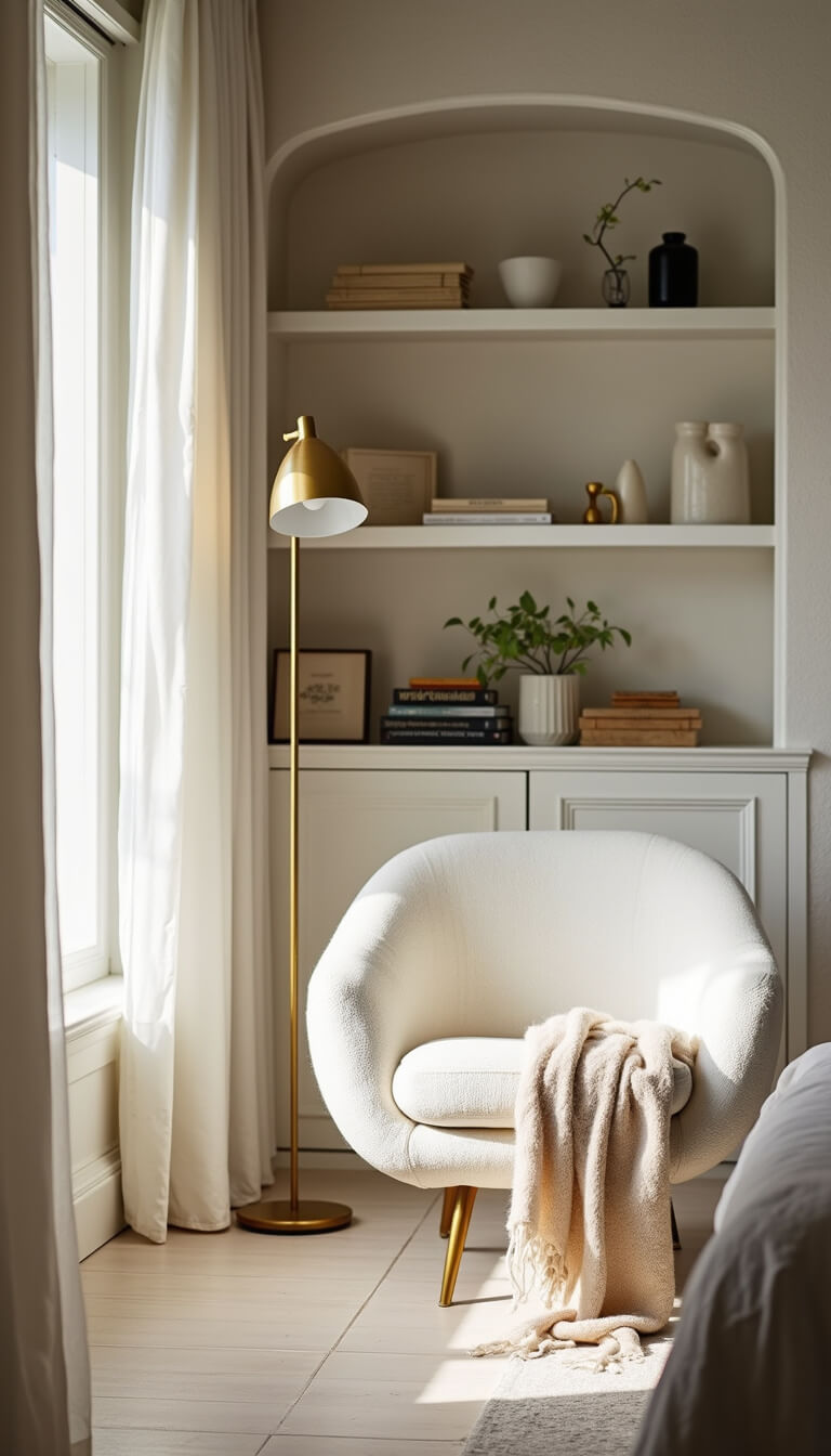 Cozy bedroom reading nook with white boucle armchair, cream throw, brass floor lamp, and minimal neutral decor on floating shelves against textured wallpaper.
