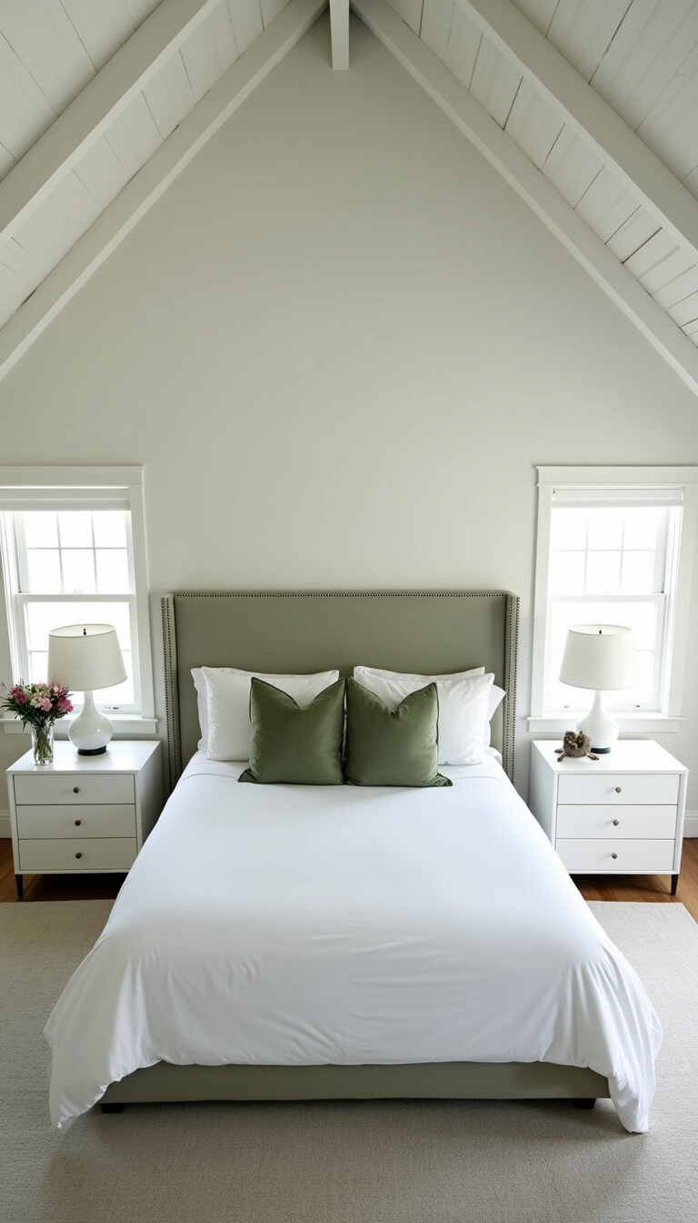 Overhead view of white bedroom with sage green accents, cathedral ceiling with white beams, California king bed, and symmetrical nightstands.