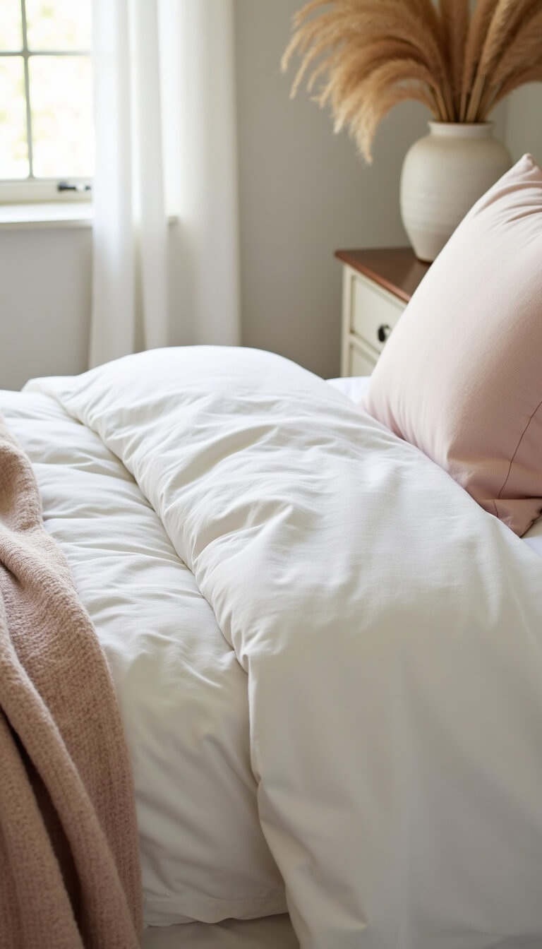 Close-up of layered bedding textures with white linen duvet, cotton matelassé coverlet, wool throw, and blush pink accent pillow, beside antique white vase with dried pampas grass on nightstand.