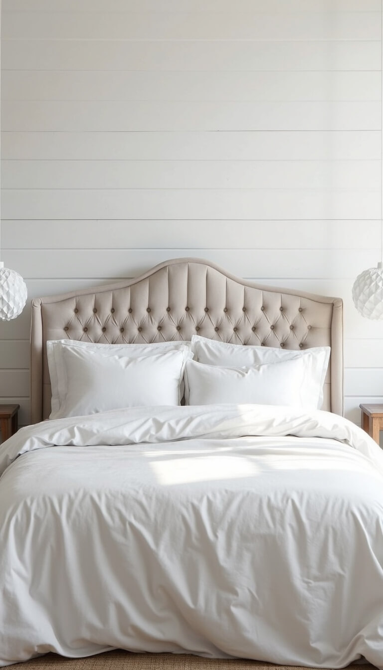 White bedroom with tufted velvet headboard, layered white bedding, shiplap wall, and geometric ceramic pendant lights in natural midday light.