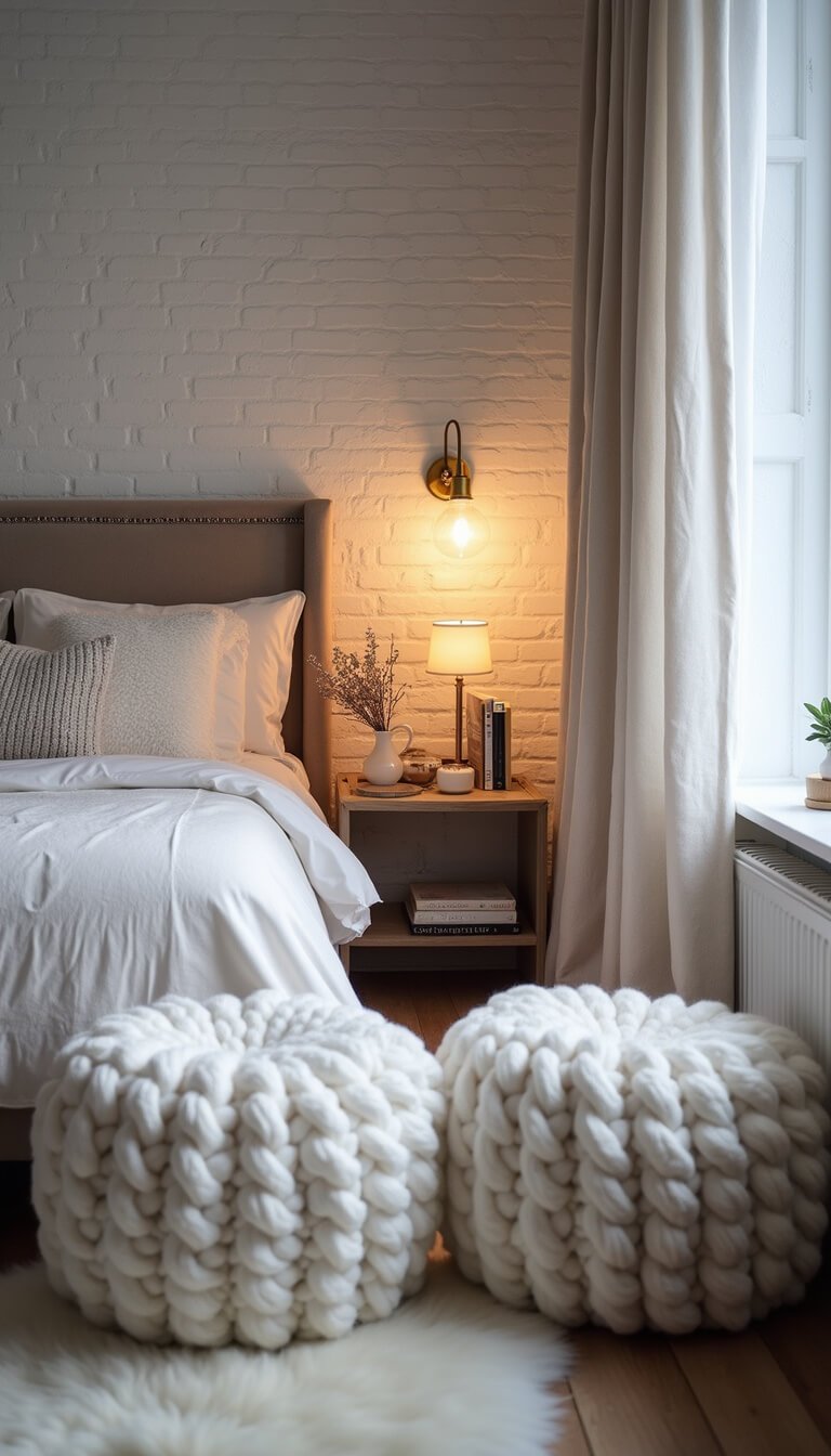 Cozy winter white bedroom corner with chunky knit poufs, sheepskin rug, velvet curtains, white brick wall, and warm brass sconce lighting at blue hour.