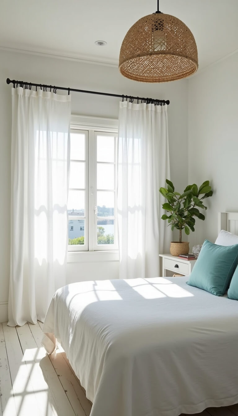 Airy summer bedroom with white linen curtains blowing in the breeze, seafoam pillows on an all-white bed, rattan pendant light, and whitewashed wood floors in bright high-key lighting.