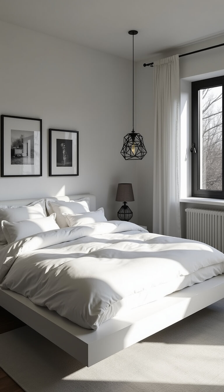 Modern white bedroom with black accents, featuring a platform bed, soft white bedding, minimalist black-and-white photo gallery, and geometric pendant light with dramatic side lighting.