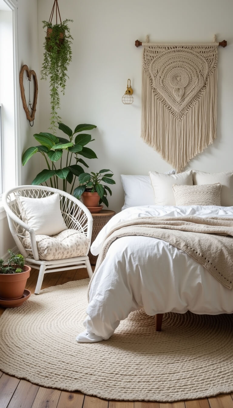 Bohemian white bedroom with macramé wall hanging, layered cream vintage rugs, white rattan chair with textured pillows, potted plants, and natural light.
