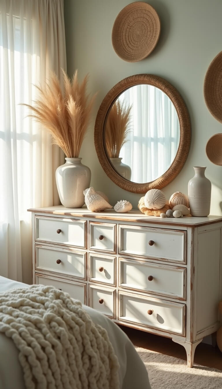 Beachy boho bedroom corner with distressed white dresser, seashells, coral, rope-trimmed mirror, pampas grass in ceramic vase, and soft sunlight through sheer curtains.