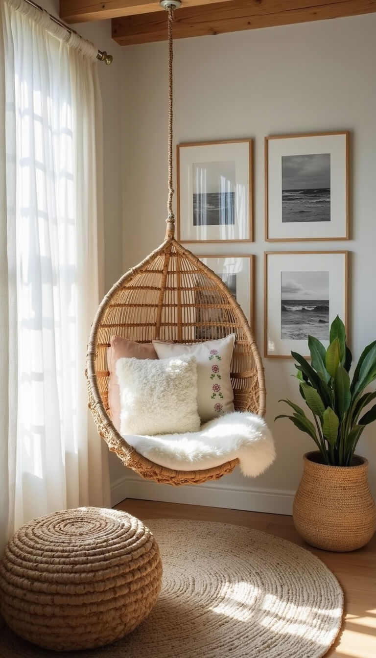 Cozy reading nook with hanging rattan chair, cream sheepskin, embroidered pillows, black and white beach photo gallery wall, jute pouf, wool rug, and seagrass basket in soft pastel tones.
