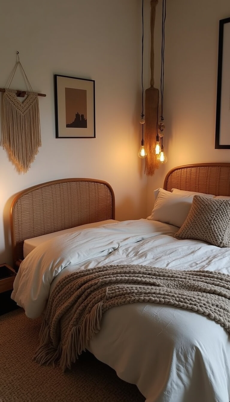 Minimalist boho bedroom at dusk with king bed, rattan headboard, layered textiles, Edison bulb lighting, and bohemian decor elements.