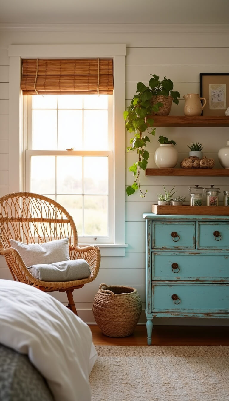 Cozy 10x12ft bedroom at sunset with hammock chair, turquoise dresser, floating shelves, and layered neutral rugs.