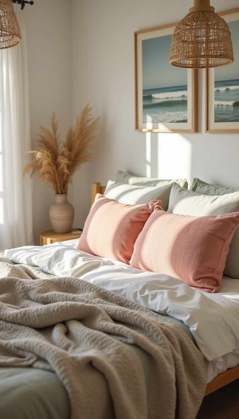 Close-up of sunlit bed with rumpled linen sheets, textured blankets, muted coral and sage pillows, rattan light, and coastal decor in sandy neutral tones.