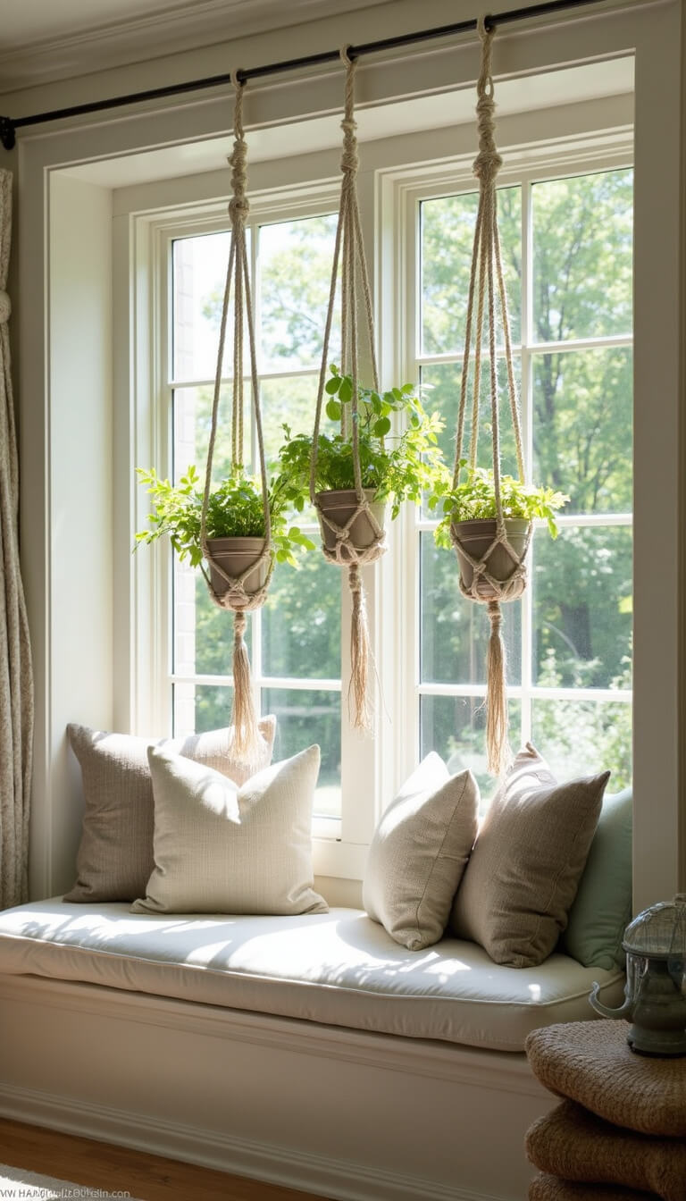 Cozy window seat with ivory cushions, ocean-toned pillows, macramé plant hangers, natural textures, and coastal decor in late afternoon sunlight.