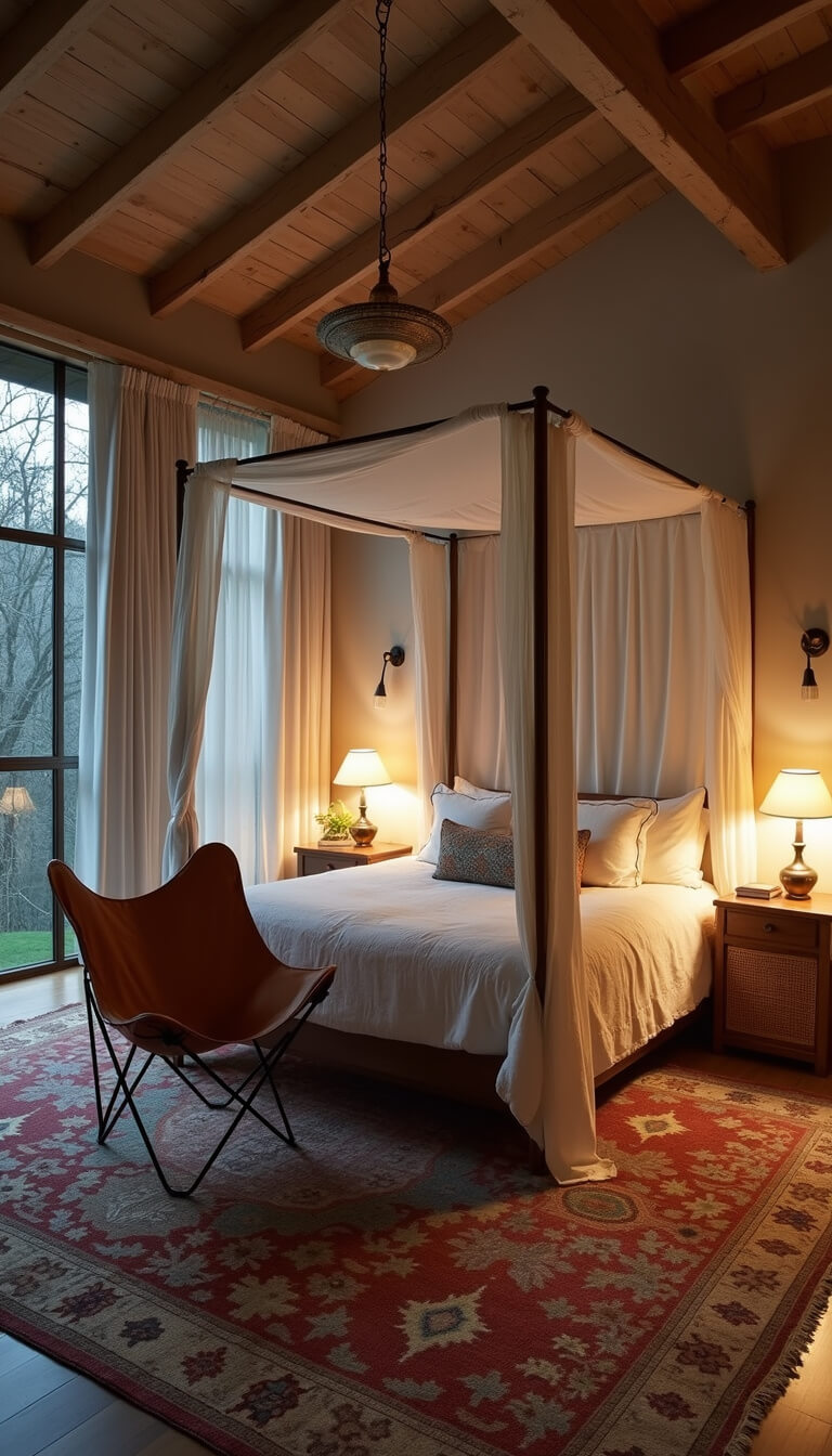 Spacious primary bedroom at dusk with canopy bed, ethereal draping, layered lighting, vintage Kilim rug, leather butterfly chair, and brass-accented neutral decor.