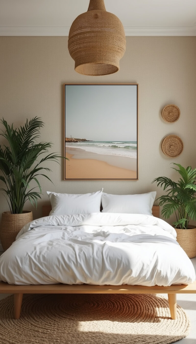 Minimalist boho bedroom with platform bed, white rumpled linens, grasscloth wallpaper, abstract beach art, natural fiber accents, and lush green plants.